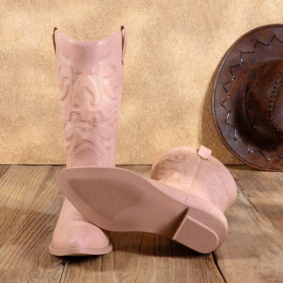 Women's Pink Pointed Toe Pull On Wide Calf Pu Chunky Low Heel Cowgirl Boots - Picture 4 of 8